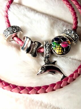 Pandora Pink Braided Double Wrap Bracelet with Charms